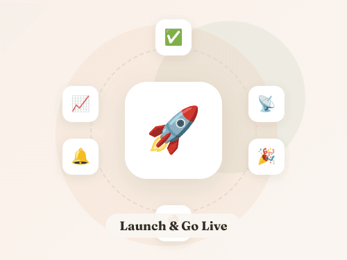 Launch and Go Live — rocket icon with checkmarks, satellite, and celebration